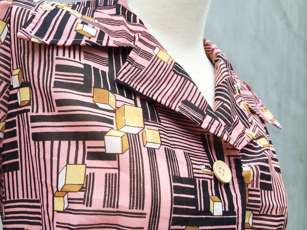 SALE! | Square Cube | Rare Vintage 1970s pink and yellow Geometric Cubic cubes graphic Print Day Dress in PINK!