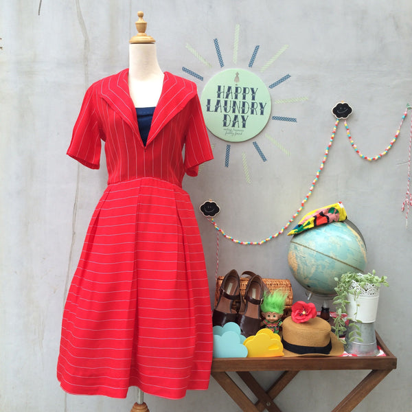 Simply Red | Vintage Homemade Handmade pinstripe Nautical wide-collar Red Dress