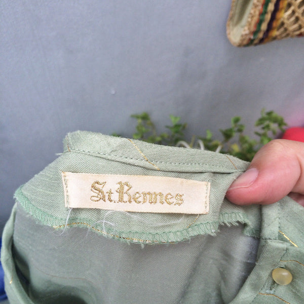 SALE! | Pastilles Bon Bon | Vintage 1950s asymmetric buttons Gold thread Pastel green Dress