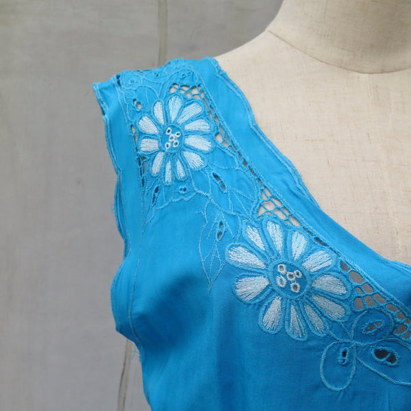 SALE | Cruise Liner | Vintage 1970s 1980s Bright Turquoise Blue Lace cut-out Summer Dress