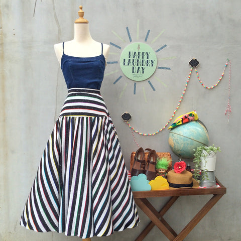 Swirly Whirly | Vintage 1980s FULL black and white circle skirt with Sprinkles and coloured stripes