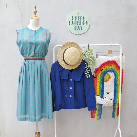 Zadie | Vintage 1960s 1970s sleeveless Diagonal stripes turquoise and grey Midi Dress
