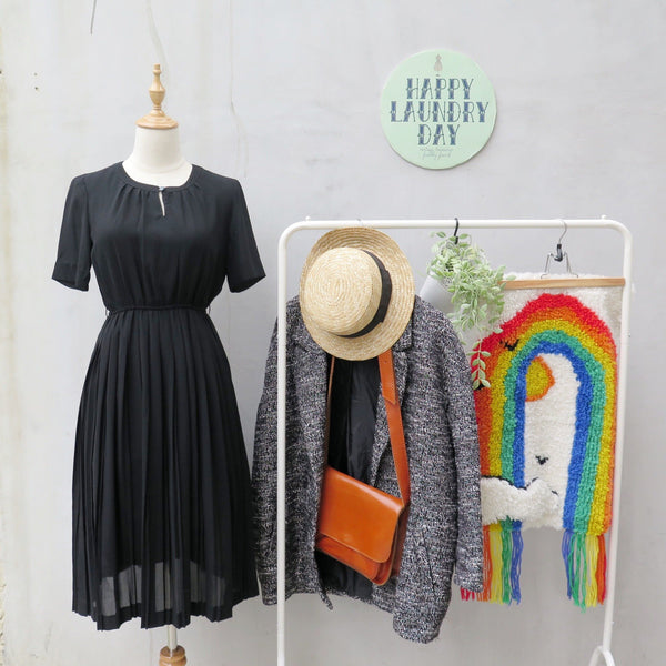 Pleaty Please | Vintage 1950s 1960s Sleeveless Fit and Flare Black dress with pleated skirt