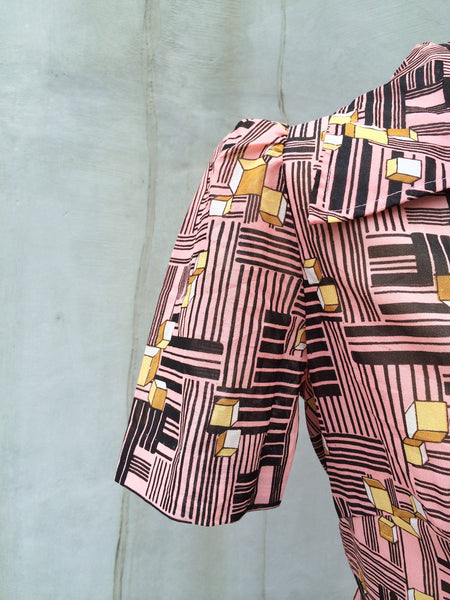 SALE! | Square Cube | Rare Vintage 1970s pink and yellow Geometric Cubic cubes graphic Print Day Dress in PINK!