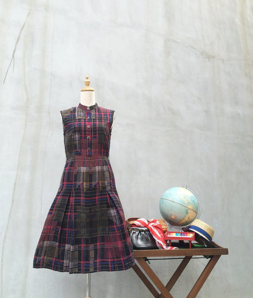 Binary Code | Vintage stripe & checkered Mandarin Collar box-pleat Sleeveless Day Dress