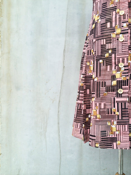 SALE! | Square Cube | Rare Vintage 1970s pink and yellow Geometric Cubic cubes graphic Print Day Dress in PINK!