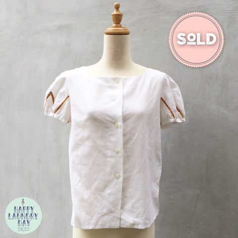 SALE | Babette | Vintage 1950s 1960s Off-white Button up Ethnic boho feel Short Sleeve shirt blouse