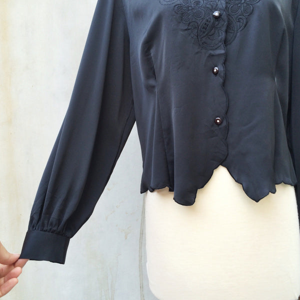 Black Out | Vintage 1970s does 1920s black Silky sateen Shirt Blouse