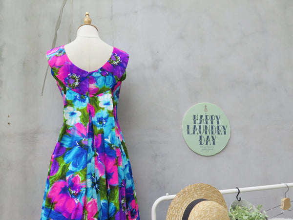 Prettiest on the wall | Vintage 1960s/70s Retro mod Groovy Neon Floral painting Hawaiian Maxi Dress with pseudo cape