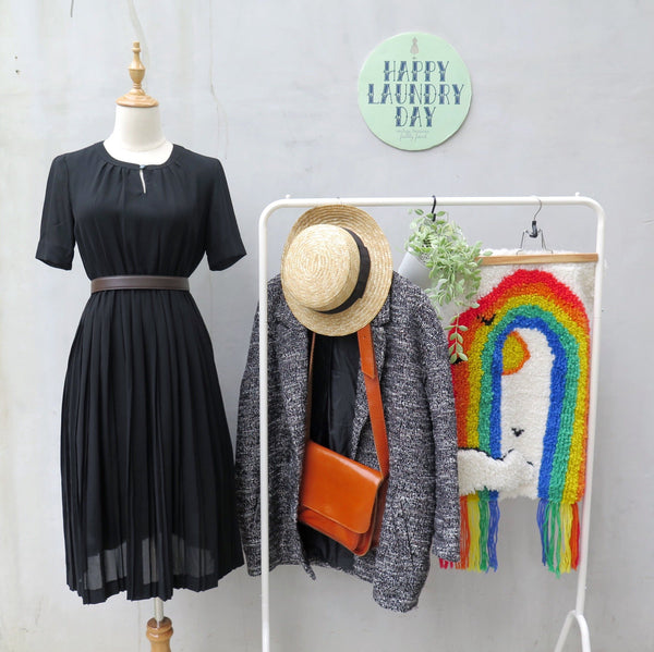 Pleaty Please | Vintage 1950s 1960s Sleeveless Fit and Flare Black dress with pleated skirt