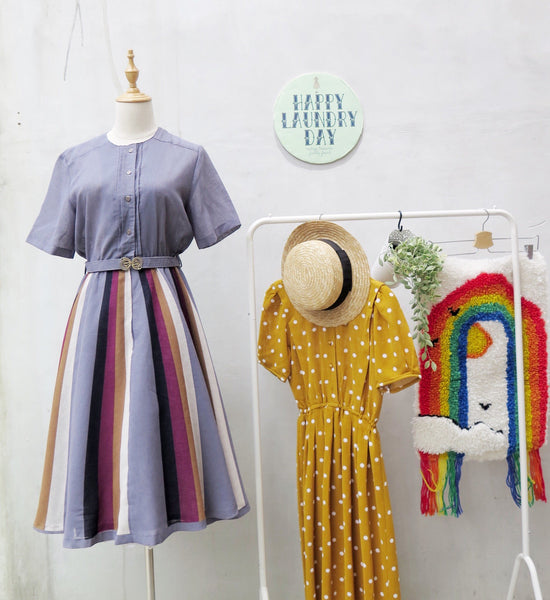 MUST HAVE! | Joyshine | Vintage 1950s 1960s Vertical stripes Grey mustard and mauve Full-skirt Dress