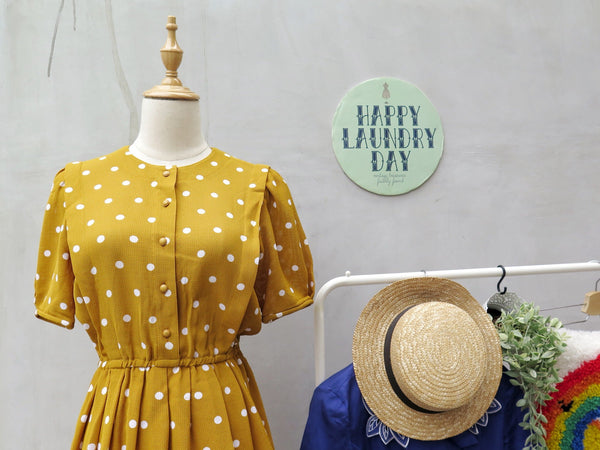 Caramel Mel | Vintage 1950s 1960s Mustard yellow and white polka dot textured fabric Puff sleeve Day Dress