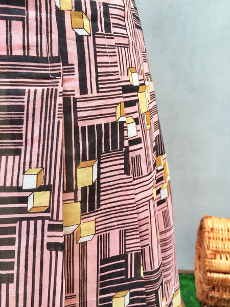SALE! | Square Cube | Rare Vintage 1970s pink and yellow Geometric Cubic cubes graphic Print Day Dress in PINK!