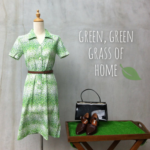 Green Green Grass | Cute retro Vintage 70s polka dot small print Green dress