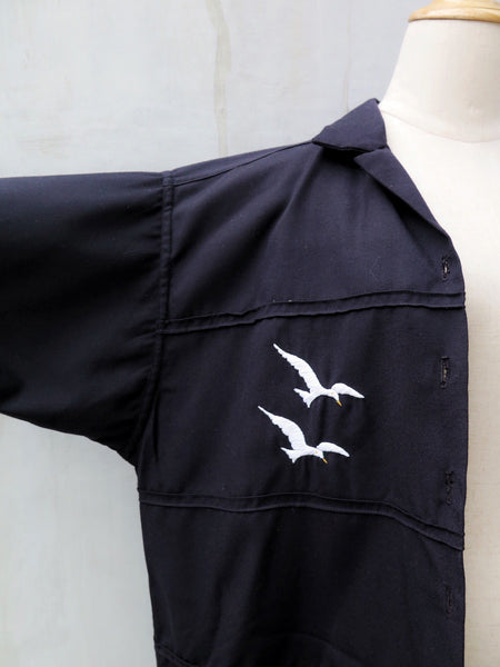 Bye Fly Gully | Vintage 1940s 1950s Embroidered seagull Black Kimono top Shirt Jacket
