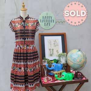 Anthropology | Vintage 1960s 1970s Feather and ethnic traditional print Aztec print Cheongsam Collar Day Dress