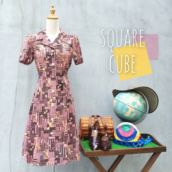 SALE! | Square Cube | Rare Vintage 1970s pink and yellow Geometric Cubic cubes graphic Print Day Dress in PINK!