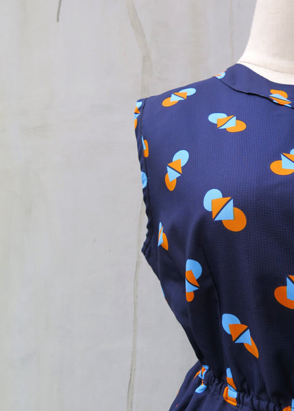 Chromosomatic | Vintage 1960s 1970s geometric Dot and Square print Navy blue Retro Mod Mini dress