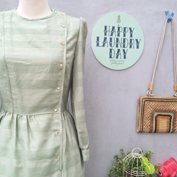 SALE! | Pastilles Bon Bon | Vintage 1950s asymmetric buttons Gold thread Pastel green Dress