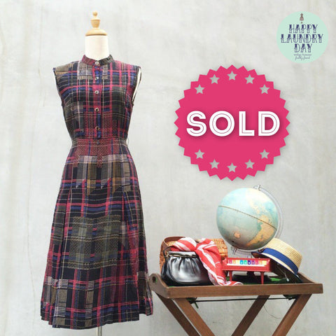 Binary Code | Vintage stripe & checkered Mandarin Collar box-pleat Sleeveless Day Dress