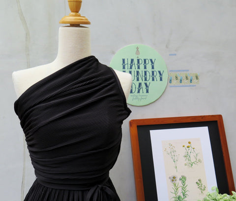 Blackened Lines | Vintage 1950s 1960s Black micro pleated Drapes One-shoulder Cocktail Dress