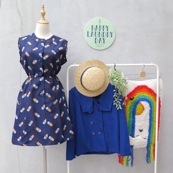Chromosomatic | Vintage 1960s 1970s geometric Dot and Square print Navy blue Retro Mod Mini dress