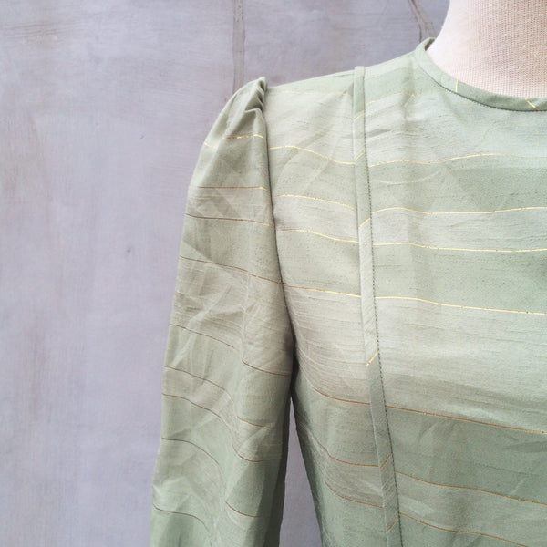 SALE! | Pastilles Bon Bon | Vintage 1950s asymmetric buttons Gold thread Pastel green Dress