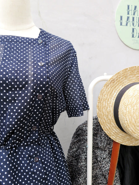 Blue or white | Vintage 1950s 1960s blue and white polka dot Square neckline lightweight Day Dress