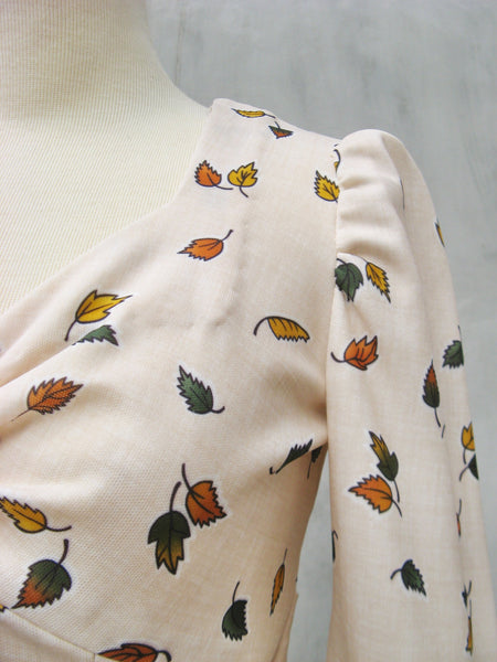 Autumn Trails | Vintage c. 1970s rare Maxi dress in Pale Pink and Falling leaf print