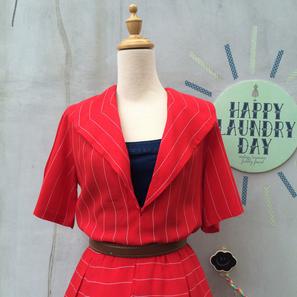 Simply Red | Vintage Homemade Handmade pinstripe Nautical wide-collar Red Dress