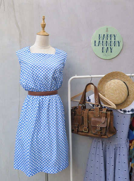 Claudia | Vintage 1960s 1970s metal zip blue white polka dot dress