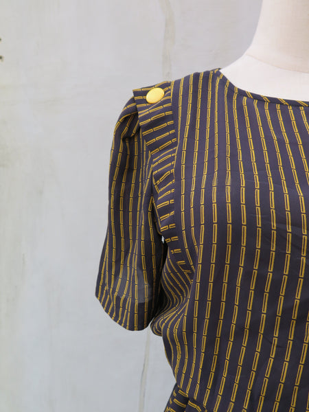 Bambi | Vintage 1060s 1970s Black yellow bamboo stripes black dress with Yellow buttons