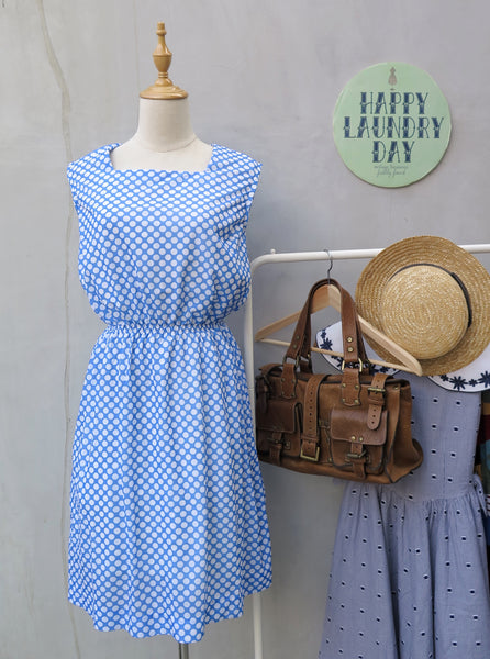 Claudia | Vintage 1960s 1970s metal zip blue white polka dot dress