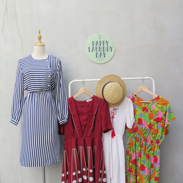 Megan | Vintage 1980s-does-1920s quirky office lady vibe Blue white vertical stripes dress