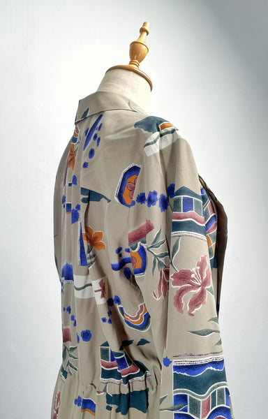 Emily | Vintage 1980s Fletcher Jones Australia novelty abstract print pleated button-down dress