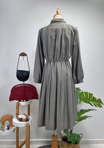 Vintage 60s 70s Light grey Polka Dot Midi Dress with Scalloped Bib Details