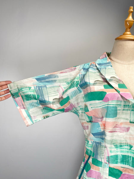 Frances | Vintage 1980s-does-1940s pastel watercolour print large collared fitted silhouette dress with pockets