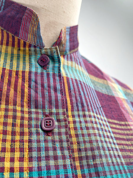 Vintage 1960s 1970s Plaid Midi Dress with Mandarin Collar and Elastic Waist
