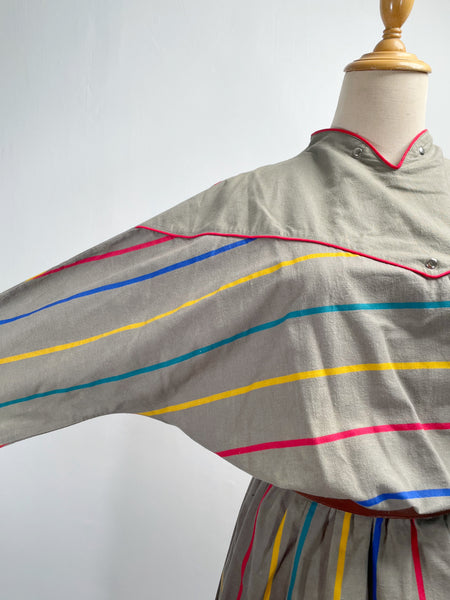 Zian | Vintage 1980s red-trimmed mini swan-collar multi-colored stripes cotton dress