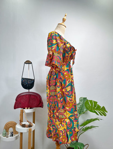 Vintage 70s Psychedelic Print Off-Shoulder Midi Dress | Kaen |