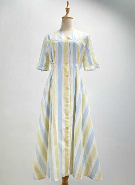 Sal | Vintage 1980s light grey yellow pastel blue fit-and-flare dress (Copy)