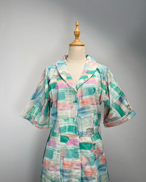 Frances | Vintage 1980s-does-1940s pastel watercolour print large collared fitted silhouette dress with pockets