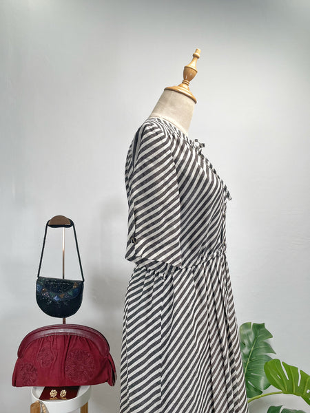 Vintage 60s 70s Striped Black and white Midi Dress | A-Line Lace Trim Day Dress