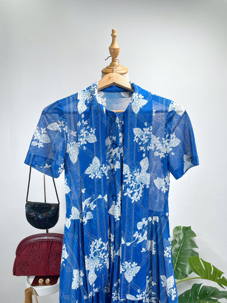 Blue and white floral neck tie dress