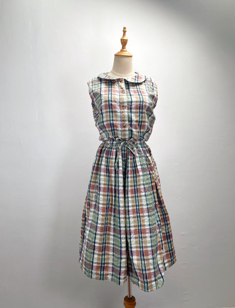 Daphne | Vintage 1980s cheesecloth sleeveless plaid dress with Peter Pan collar and pockets