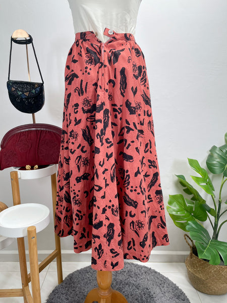 Pink Terracotta 1950s 1960s Abstract Floral High-Waisted A-Line Midi Skirt