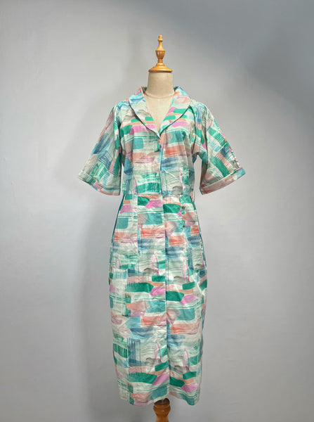 Frances | Vintage 1980s-does-1940s pastel watercolour print large collared fitted silhouette dress with pockets