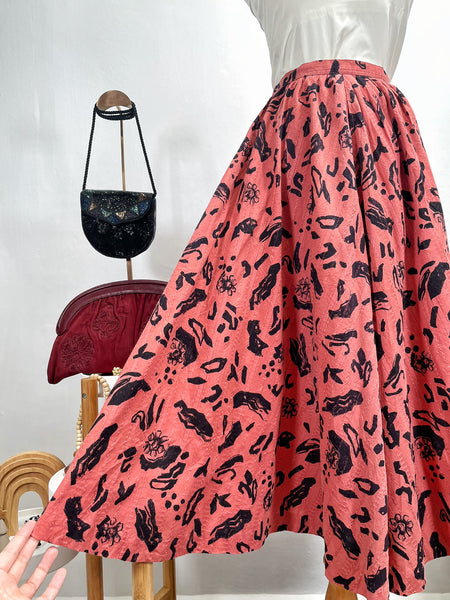 Pink Terracotta 1950s 1960s Abstract Floral High-Waisted A-Line Midi Skirt