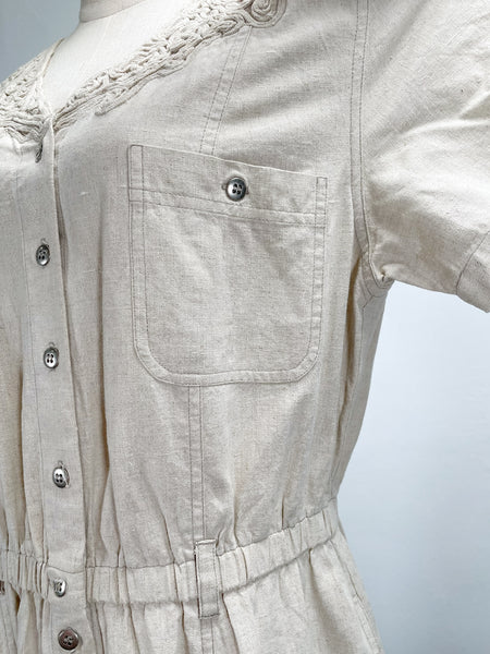 { Rare Find } Vintage 80s Together! Linen Blend Crochet Lace Accent Midi Dress