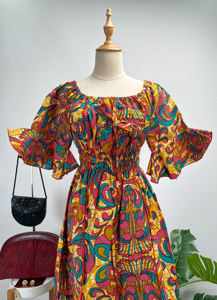 Vintage 70s Psychedelic Print Off-Shoulder Midi Dress | Kaen |